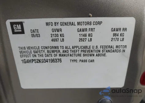 2003 Buick Lesabre Custom z USA, uszkodzony, nr VIN 1G4HP52K934196376